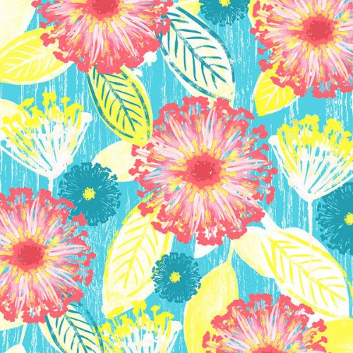 Yeti Rambler Colster Skin design of Pattern, Design, Flower, Floral design, Plant, Textile, Wrapping paper, Wildflower, Visual arts, with pink, gray, blue, yellow colors