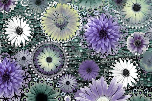 Nintendo 3DS LL Skin design of Purple, Flower, african daisy, Pericallis, Plant, Violet, Lavender, Botany, Petal, Pattern, with gray, black, blue, purple, white colors