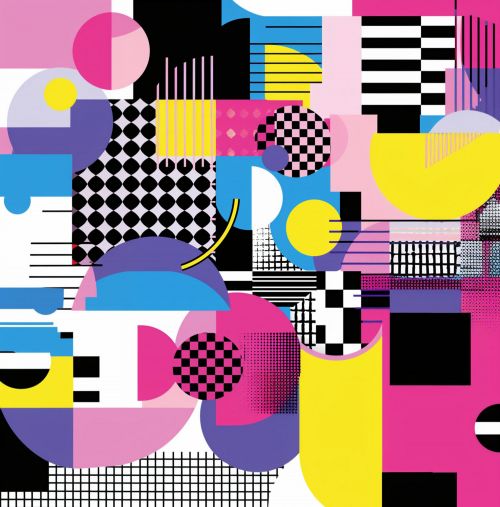 Design of Rectangle, Textile, Art, Font, Line, Material property, Magenta, Pattern, Circle, Tints and shades, with pink, yellow, white, black, purple, blue colors