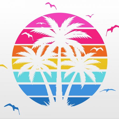 Design of Palm trees, Graphics, Clip art, Graphic design, with white, pink, orange, yellow, blue colors