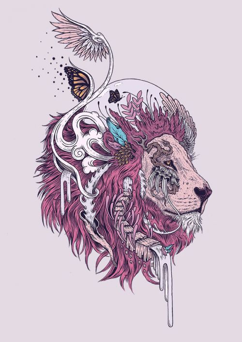 Yeti Rambler Colster Skin design of Illustration, Drawing, Sketch, Art, Graphic design, Lion, Goats, Fictional character, Ink, Bison, with gray, purple, black, red colors