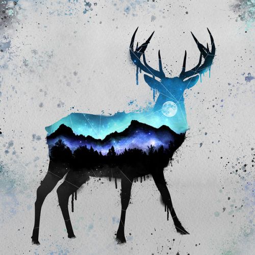Yeti Rambler Bottle 36oz Skin design of Reindeer, Deer, Illustration, Watercolor paint, Art, Elk, Wildlife, Drawing, Paint, Graphics, with gray, black, blue, purple, white colors