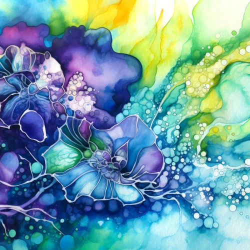 Design of Flower, Plant, Art paint, Petal, Blue, Azure, Purple, Art, Paint, Painting, with blue, yellow, green, purple, white, orange colors