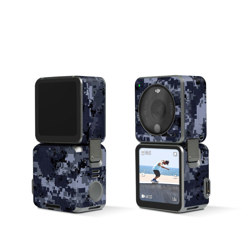 DJI Action 2 Skin design of Military camouflage, Black, Pattern, Blue, Camouflage, Design, Uniform, Textile, Black-and-white, Space, with black, gray, blue colors