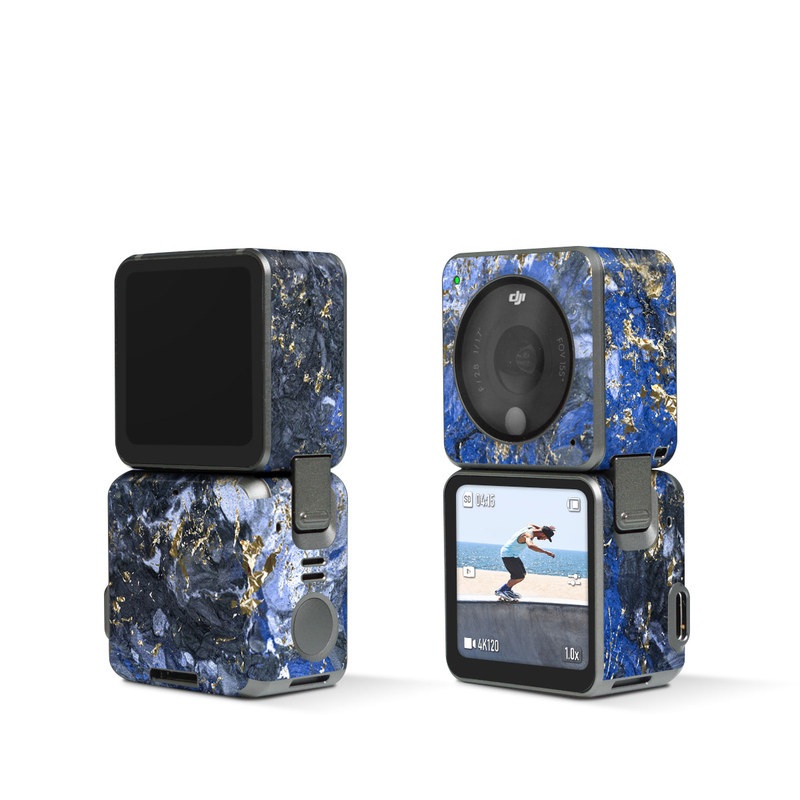DJI Action 2 Skin design of Blue, Water, Cobalt blue, Rock, Painting, Geology, Electric blue, Mineral, Pattern, Acrylic paint, with black, blue, yellow, white, gray colors