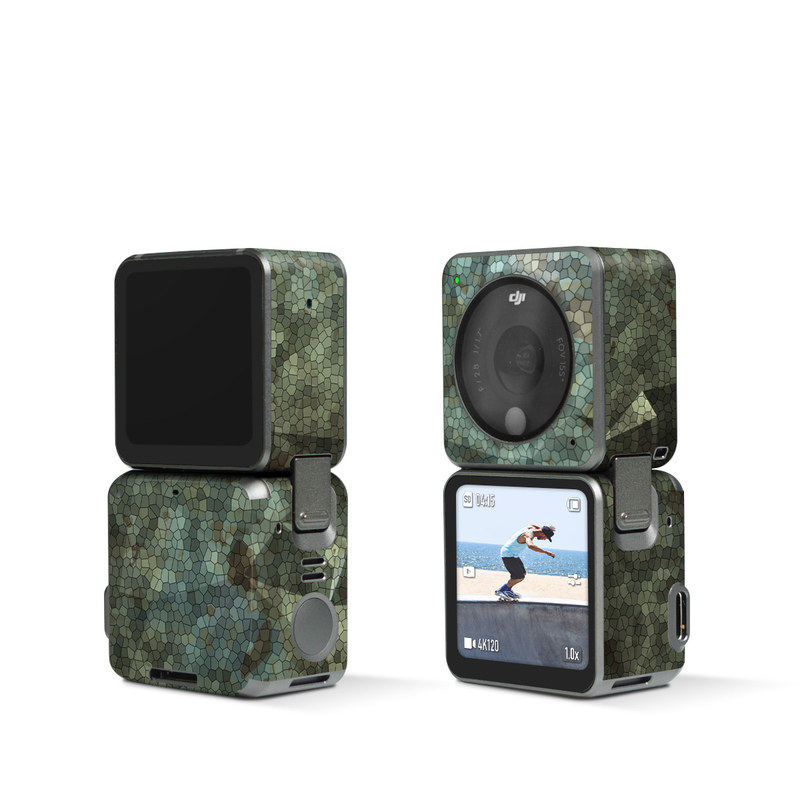 DJI Action 2 Skin design of Green, Pattern, Brown, Wall, Design, Rock, Geology, Camouflage, Granite, Metal, with black, brown, blue, gray, white colors