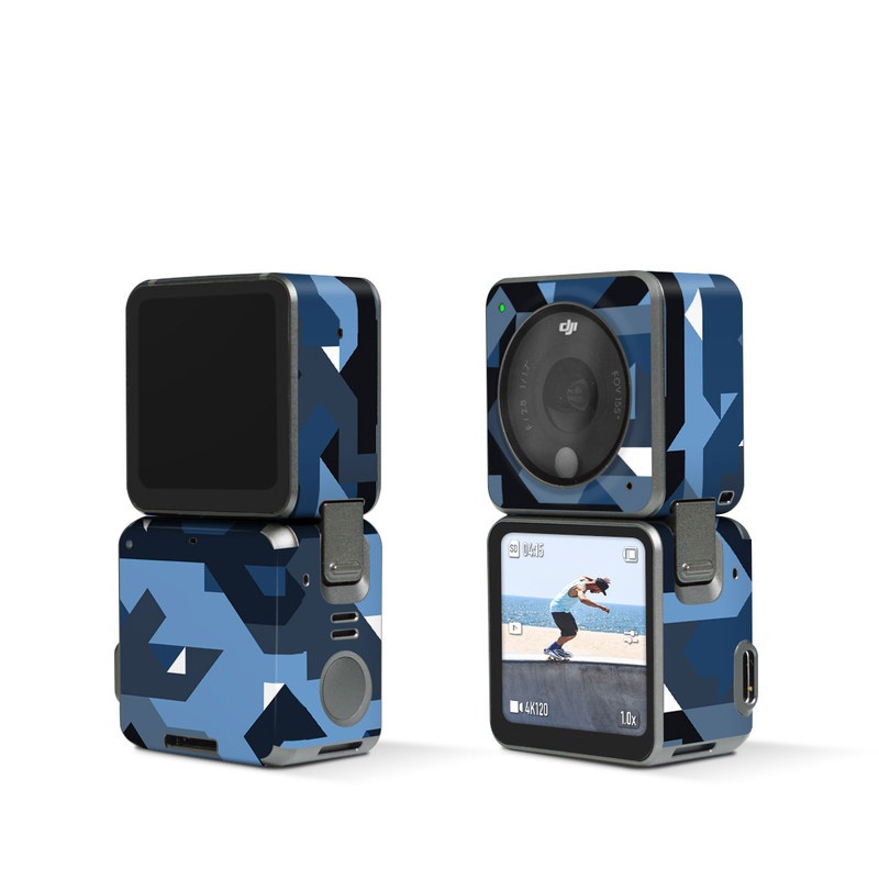 DJI Action 2 Skin design of Blue, Pattern, Design, Font, Line, Camouflage, Illustration, Triangle, with blue, black, white, gray colors