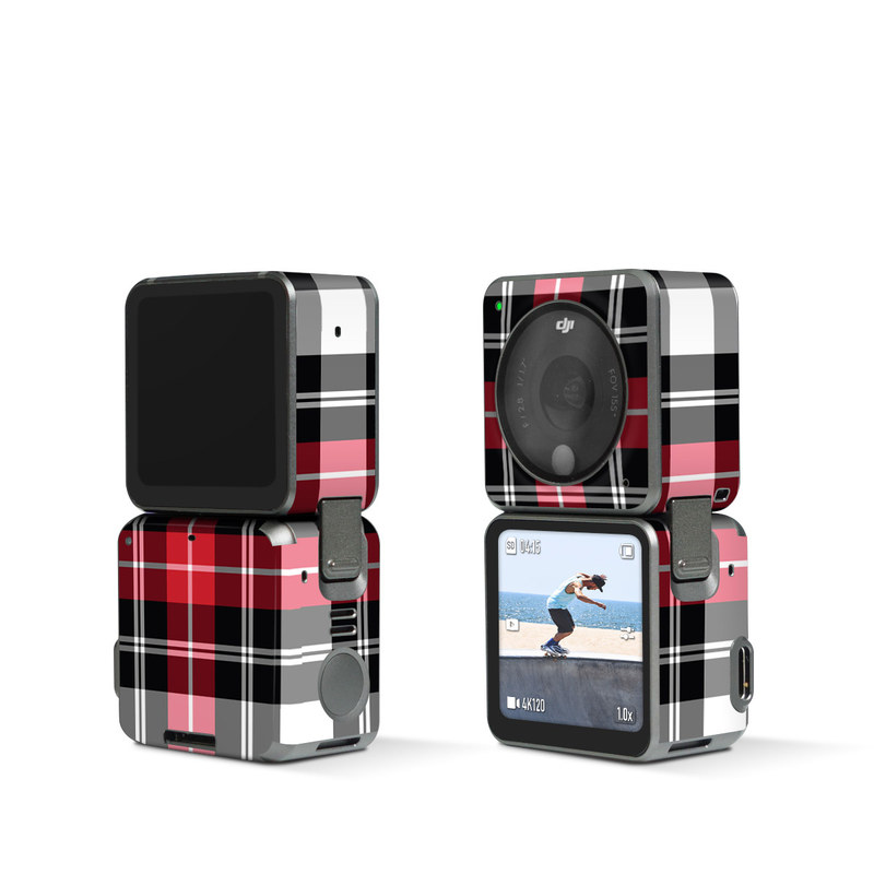 DJI Action 2 Skin design of Plaid, Tartan, Pattern, Red, Textile, Design, Line, Pink, Magenta, Square, with black, gray, pink, red, white colors