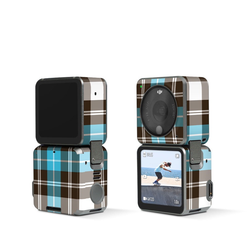 DJI Action 2 Skin design of Plaid, Pattern, Tartan, Turquoise, Textile, Design, Brown, Line, Tints and shades, with gray, black, blue, white colors