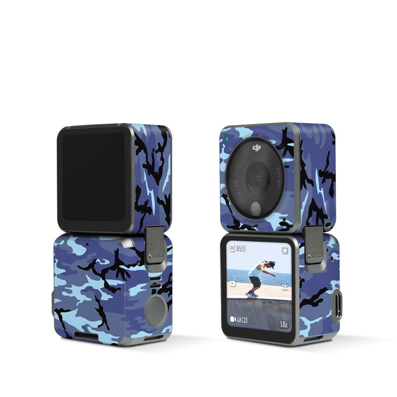 DJI Action 2 Skin design of Military camouflage, Pattern, Blue, Aqua, Teal, Design, Camouflage, Textile, Uniform, with blue, black, gray, purple colors