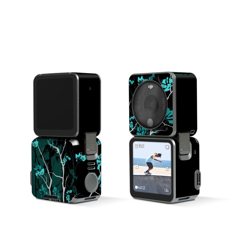 DJI Action 2 Skin design of Branch, Black, Blue, Green, Turquoise, Teal, Tree, Plant, Graphic design, Twig, with black, blue, gray colors