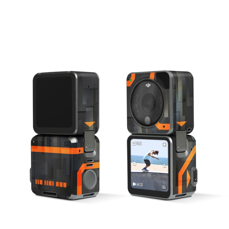 DJI Action 2 Skin design of Orange, Font, Parallel, Pattern, Graphics, Rectangle, Logo, Brand, Graphic design, Event, with black, orange colors