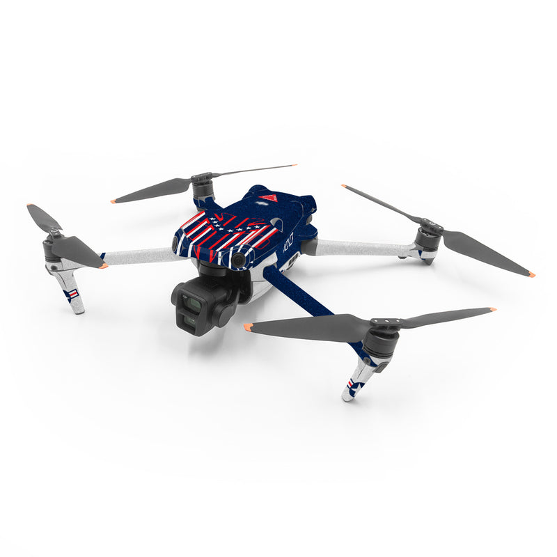 DJI Air 3 Series Skin design of Sleeve, Font, Motor vehicle, T-shirt, Emblem, Poster, Electric blue, Symmetry, Symbol, Pattern, with blue, red, white colors
