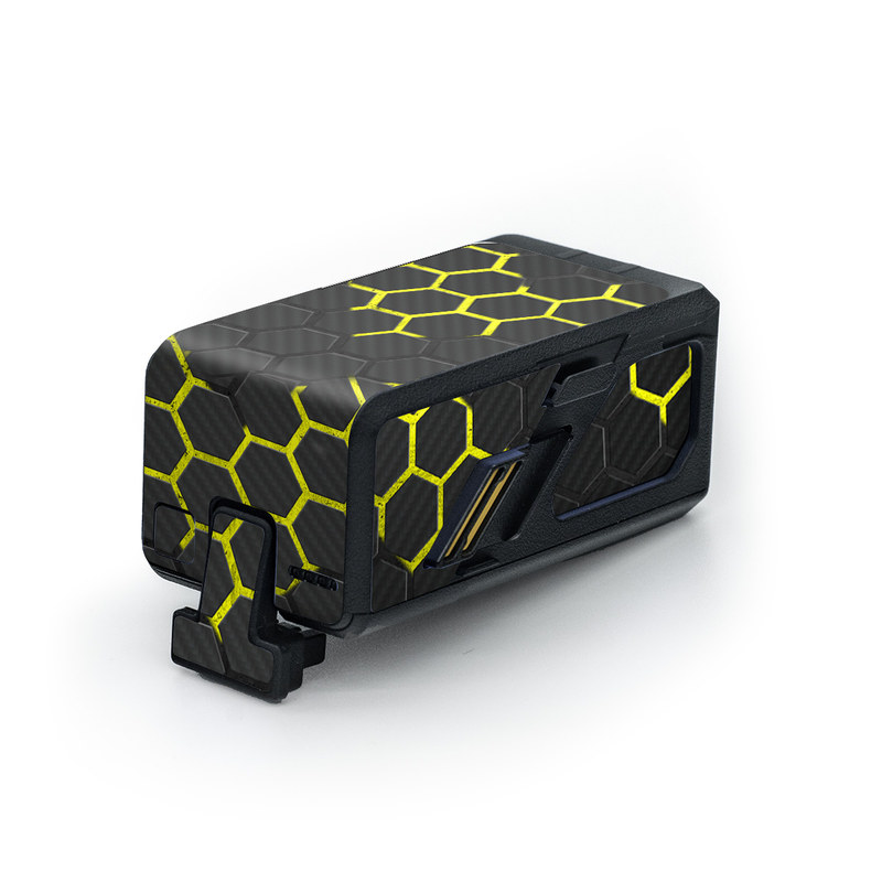 DJI Avata Battery Skin design of Black, Pattern, Yellow, Mesh, Net, Chain-link fencing, Design, Metal, with black, gray, yellow colors