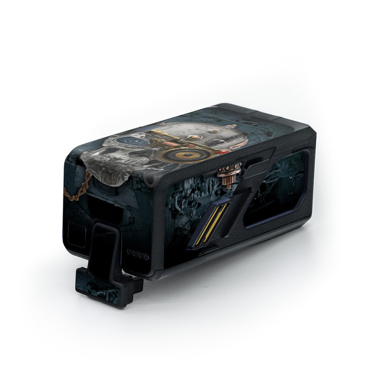 DJI Avata Battery Skin design of Engine, Auto part, Still life photography, Personal protective equipment, Illustration, Automotive engine part, Art, with black, gray, red, green colors