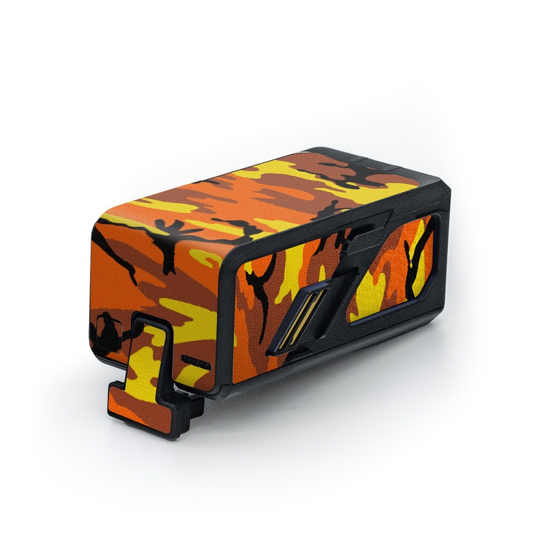 DJI Avata Battery Skin design of Military camouflage, Orange, Pattern, Camouflage, Yellow, Brown, Uniform, Design, Tree, Wildlife, with red, green, black colors