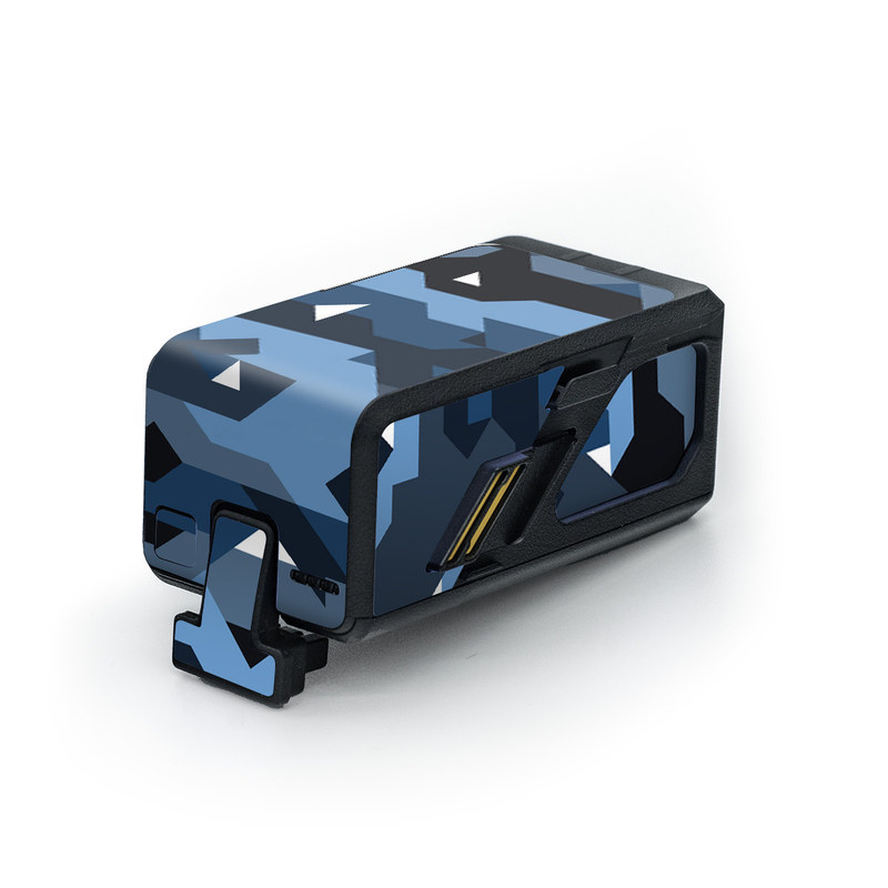 DJI Avata Battery Skin design of Blue, Pattern, Design, Font, Line, Camouflage, Illustration, Triangle, with blue, black, white, gray colors