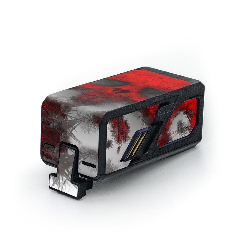 DJI Avata Battery Skin design of Red, Graphic design, Skull, Illustration, Bone, Graphics, Art, Fictional character, with red, gray, black, white colors