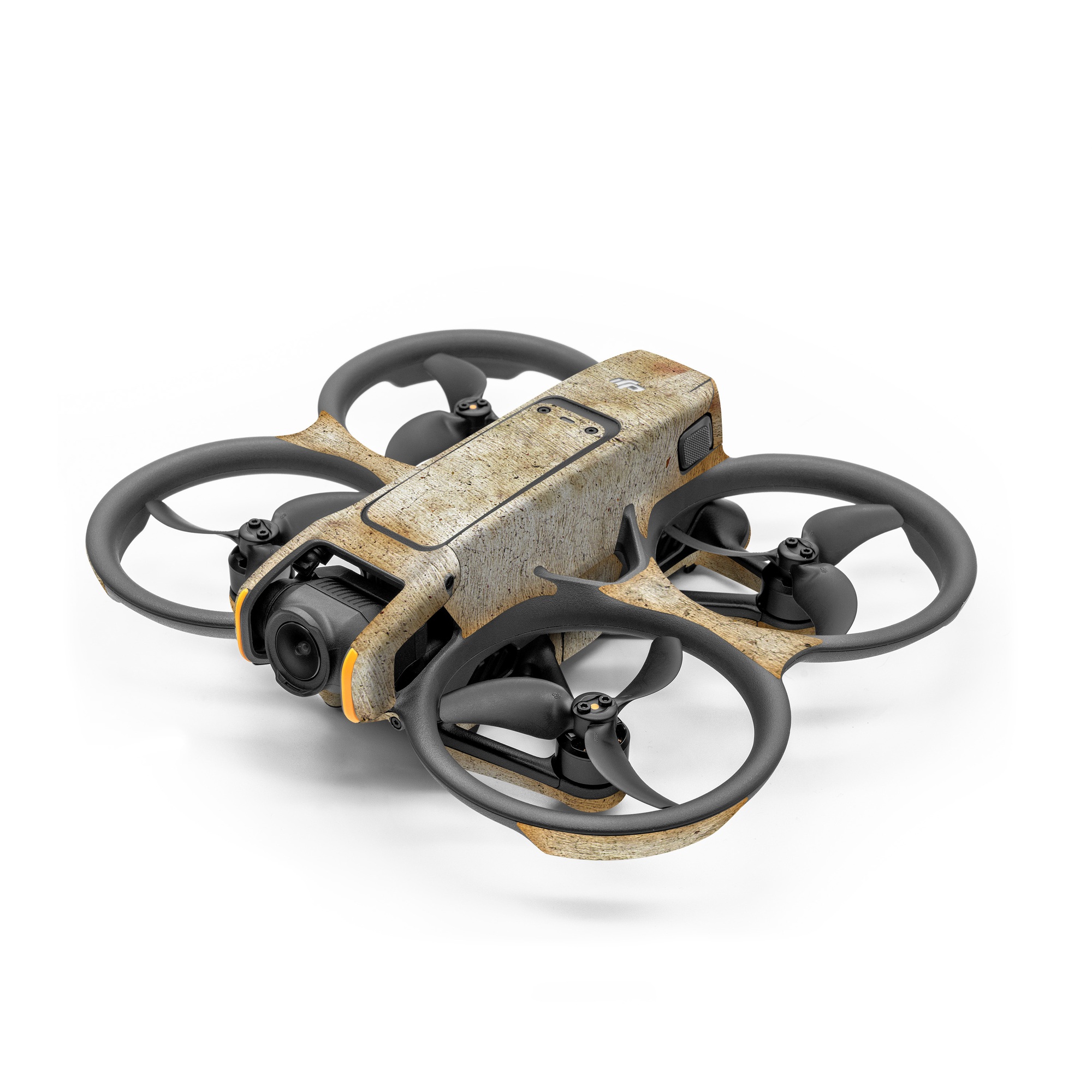 DJI Avata 2 Skin design of Head, Eye, Jaw, Artifact, Art, Snout, Font, Wood, Bone, Close-up, with white, black, gray, brown, yellow colors