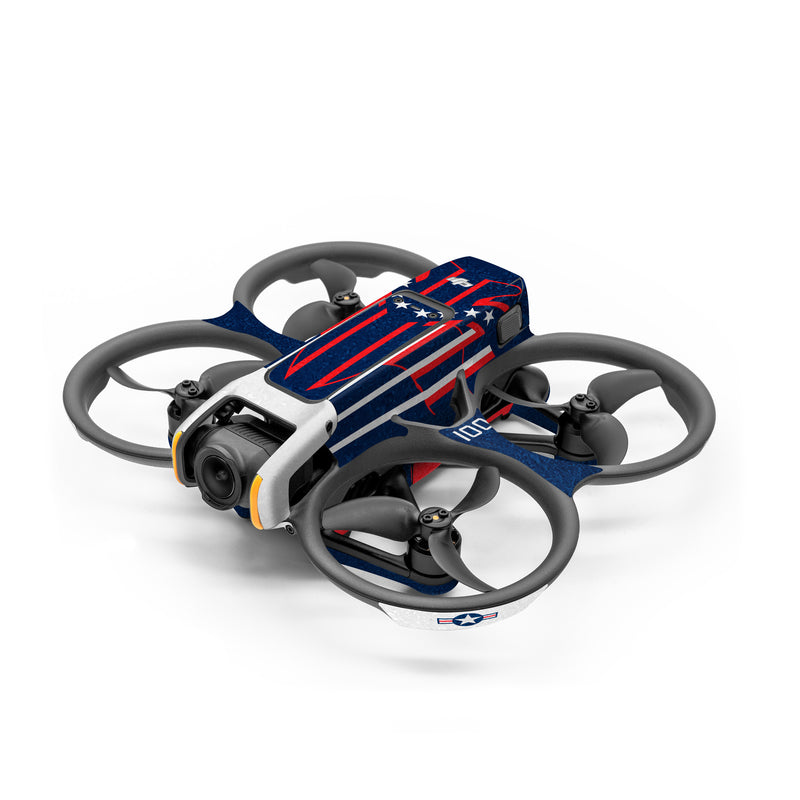 DJI Avata 2 Skin design of Sleeve, Font, Motor vehicle, T-shirt, Emblem, Poster, Electric blue, Symmetry, Symbol, Pattern, with blue, red, white colors