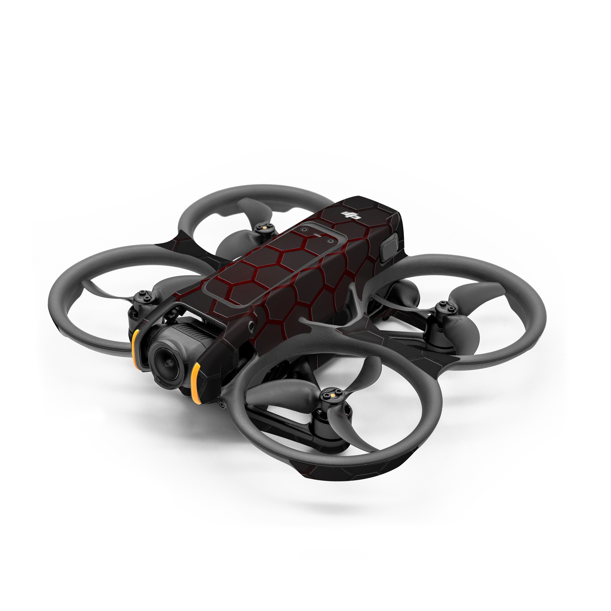 DJI Avata 2 Skin design of Black, Pattern, Metal, Design, Mesh, Carbon, Space, Wallpaper, with black, red colors