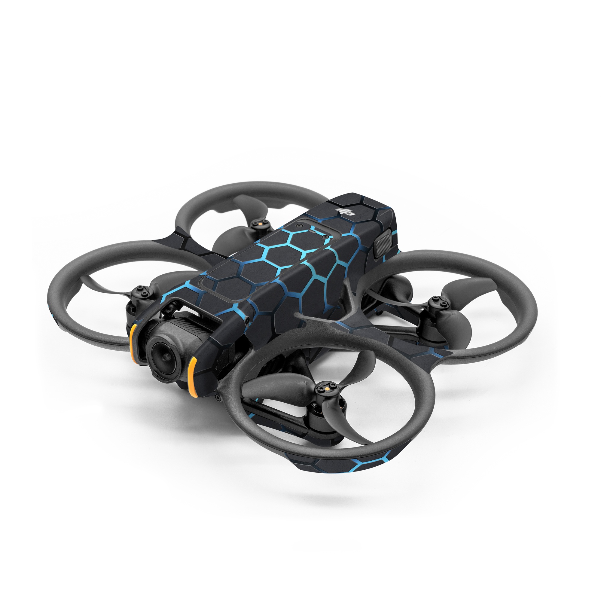 DJI Avata 2 Skin design of Pattern, Water, Design, Circle, Metal, Mesh, Sphere, Symmetry, with black, gray, blue colors