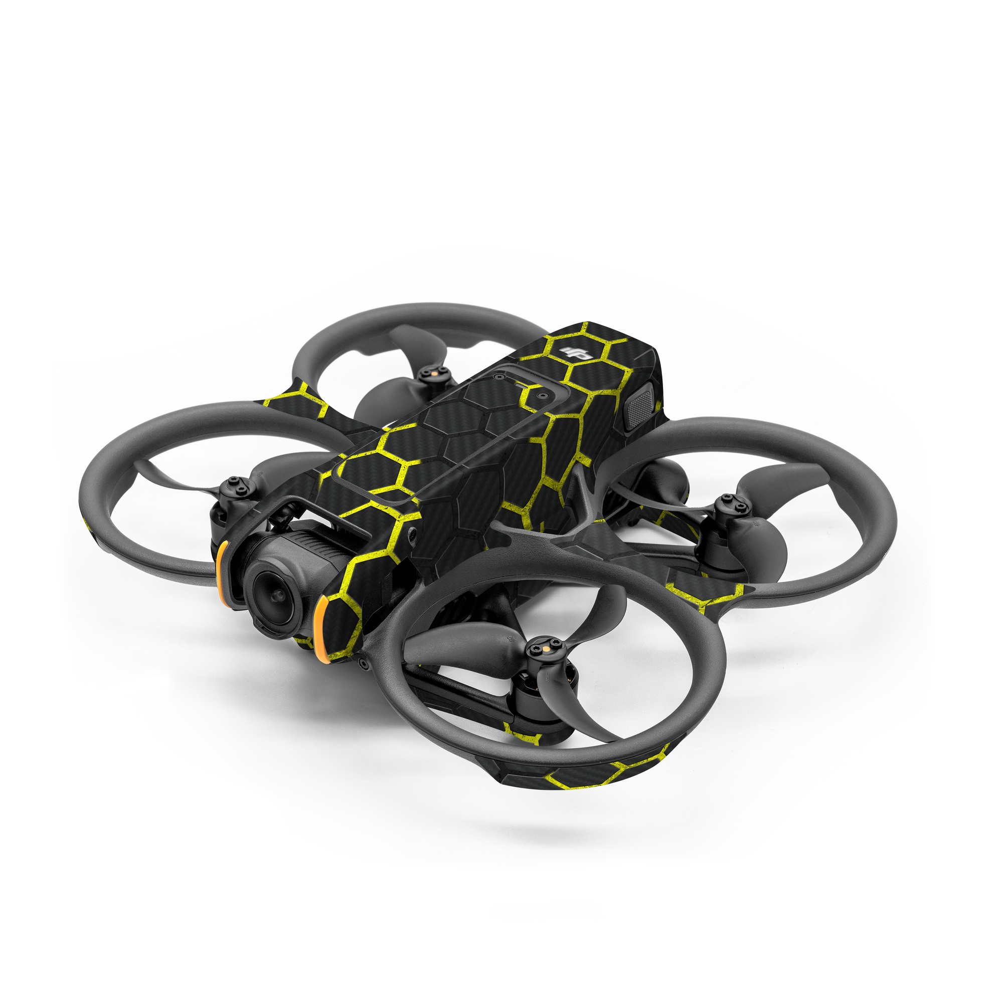 DJI Avata 2 Skin design of Black, Pattern, Yellow, Mesh, Net, Chain-link fencing, Design, Metal, with black, gray, yellow colors