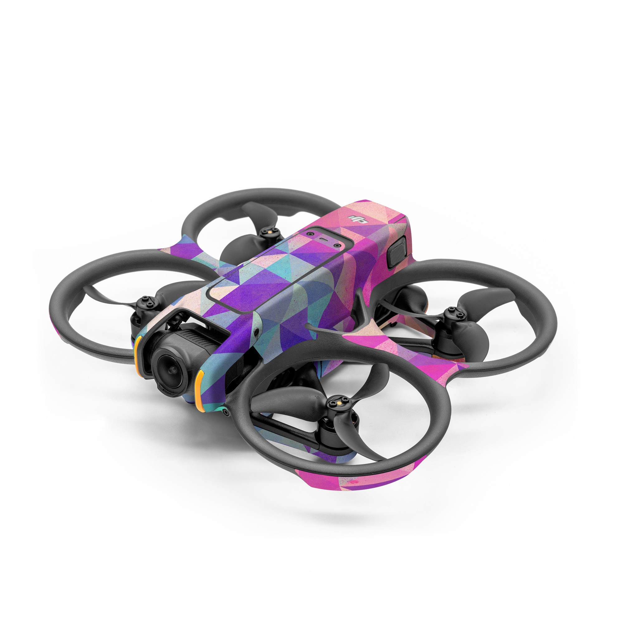DJI Avata 2 Skin design of Pattern, Purple, Triangle, Violet, Magenta, Line, Design, Symmetry, Psychedelic art, with gray, purple, green, blue, pink colors