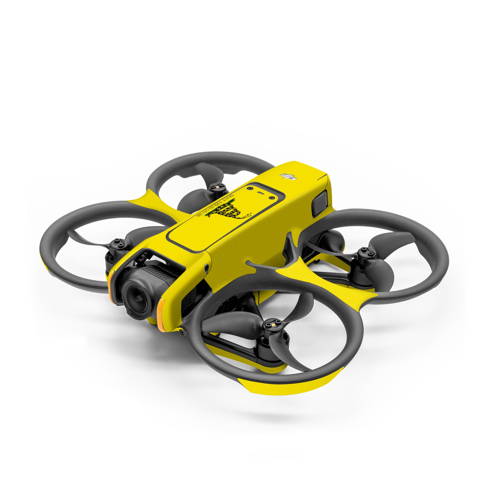 DJI Avata 2 Skin design of Yellow, Font, Logo, Graphics, Illustration, with orange, black, green colors