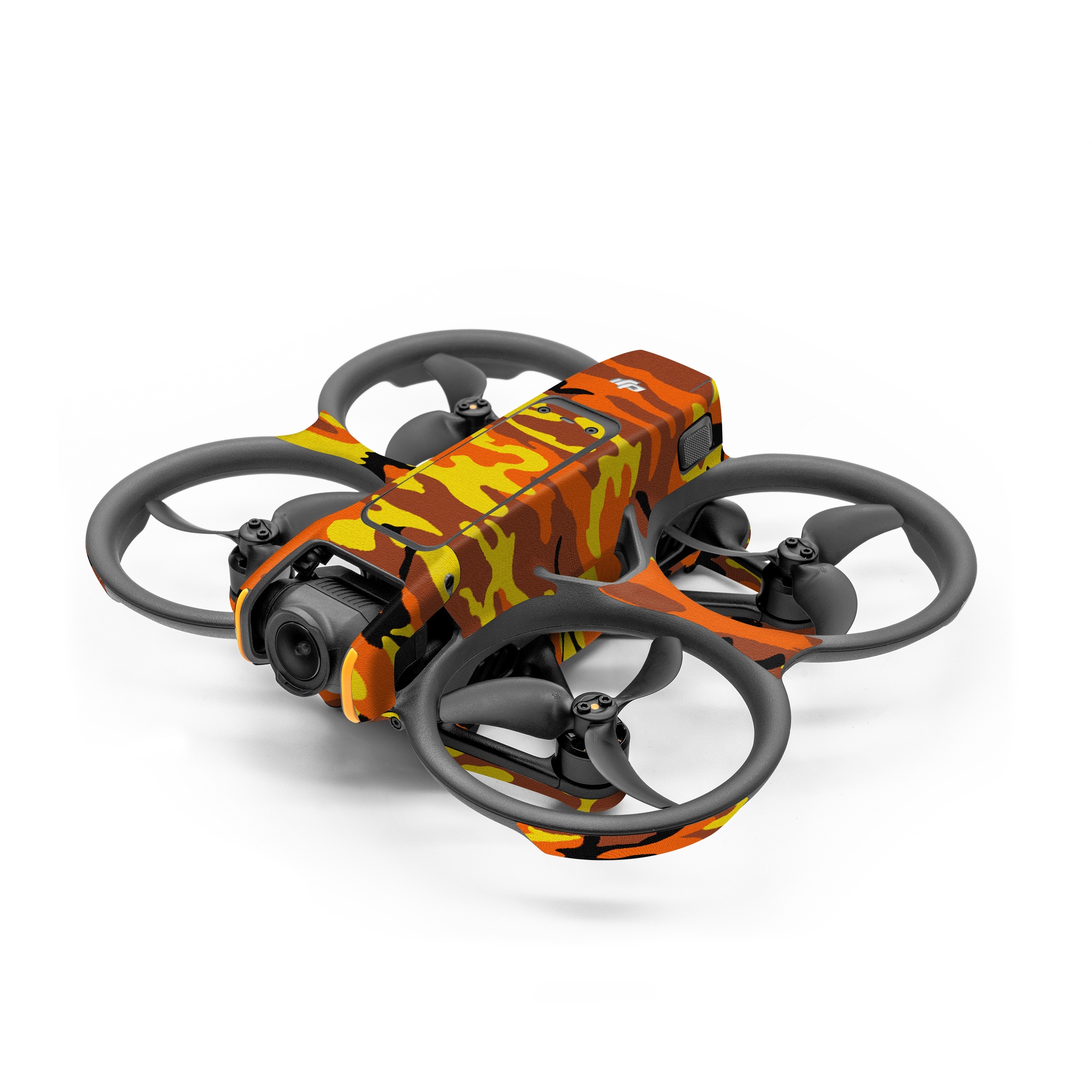 DJI Avata 2 Skin design of Military camouflage, Orange, Pattern, Camouflage, Yellow, Brown, Uniform, Design, Tree, Wildlife, with red, green, black colors