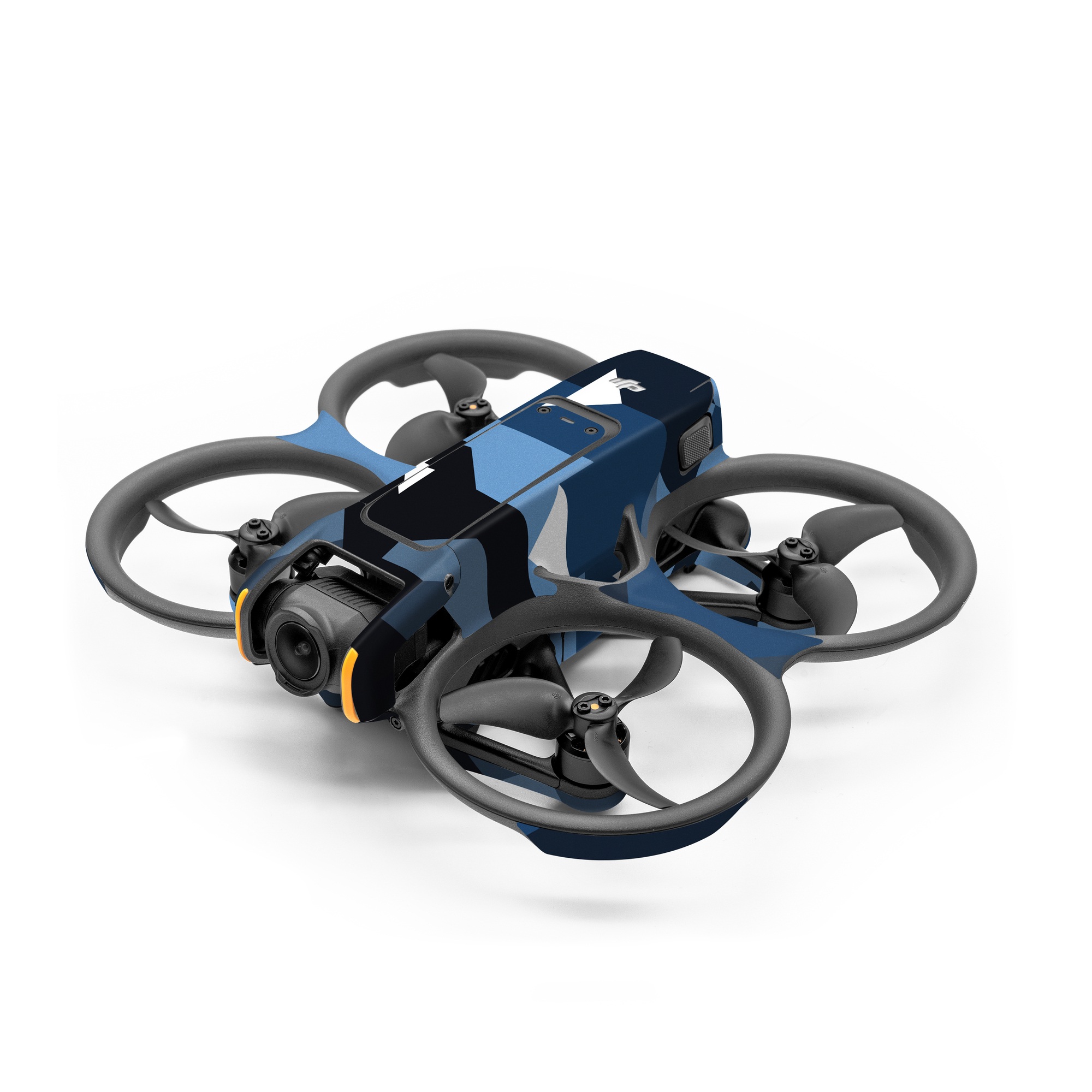 DJI Avata 2 Skin design of Blue, Pattern, Design, Font, Line, Camouflage, Illustration, Triangle, with blue, black, white, gray colors
