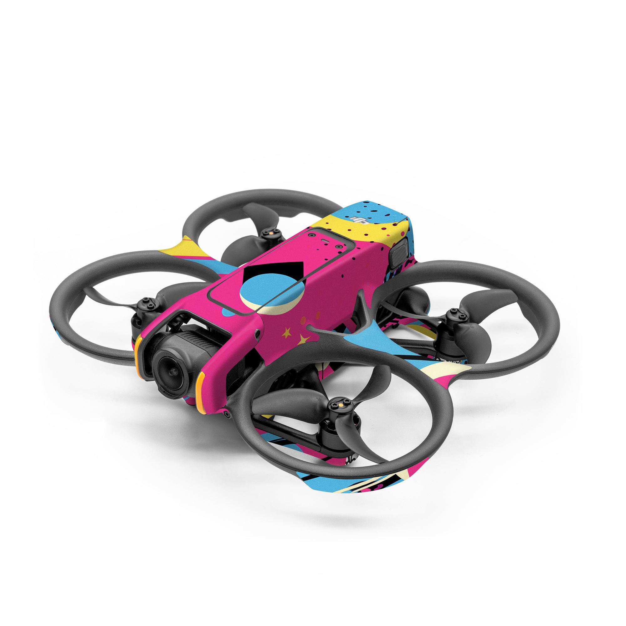 DJI Avata 2 Skin design of Colorfulness, Paint, Art, Font, Line, Material property, Magenta, Pattern, Illustration, Circle, with pink, yellow, blue, black, white colors