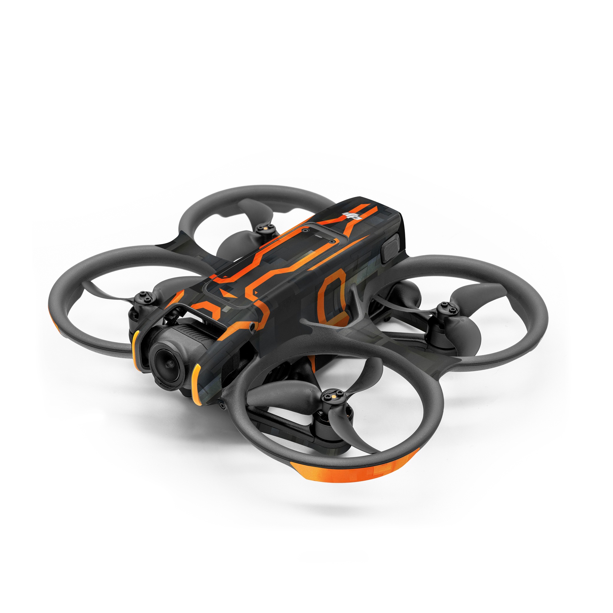 DJI Avata 2 Skin design of Orange, Font, Parallel, Pattern, Graphics, Rectangle, Logo, Brand, Graphic design, Event, with black, orange colors
