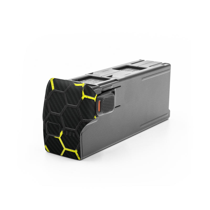 DJI Avata 2 Battery Skin design of Black, Pattern, Yellow, Mesh, Net, Chain-link fencing, Design, Metal, with black, gray, yellow colors