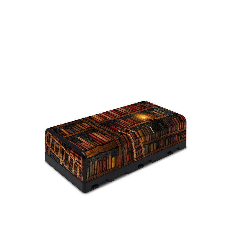 DJI CrystalSky Battery Skin design of Shelving, Library, Bookcase, Shelf, Furniture, Book, Building, Publication, Room, Darkness, with black, red colors