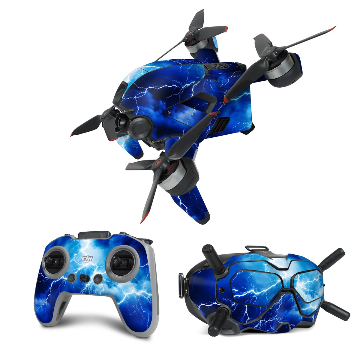 DJI FPV Combo Skin design of Thunder, Sky, Atmosphere, Daytime, Cloud, Water, Lightning, Light, Azure, Natural environment, with black, blue colors