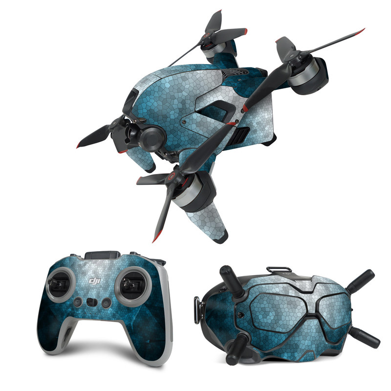 DJI FPV Combo Skin design of Blue, Aqua, Turquoise, Green, Water, Teal, Sky, Azure, Pattern, Atmosphere, with blue, white, gray colors