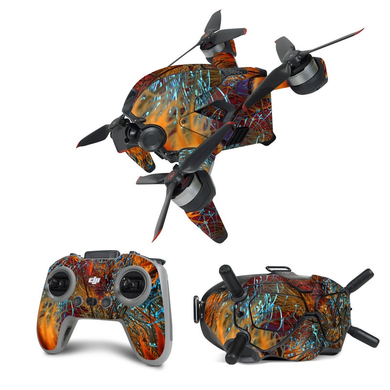 DJI FPV Combo Skin design of Orange, Tree, Electric blue, Organism, Fractal art, Plant, Art, Graphics, Space, Psychedelic art, with orange, blue, red, yellow, purple colors