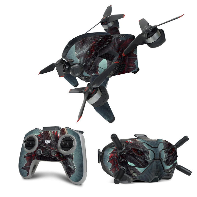 DJI FPV Combo Skin design of Dragon, Fictional character, Mythical creature, Demon, Cg artwork, Illustration, Green dragon, Supernatural creature, Cryptid, with red, gray, blue colors