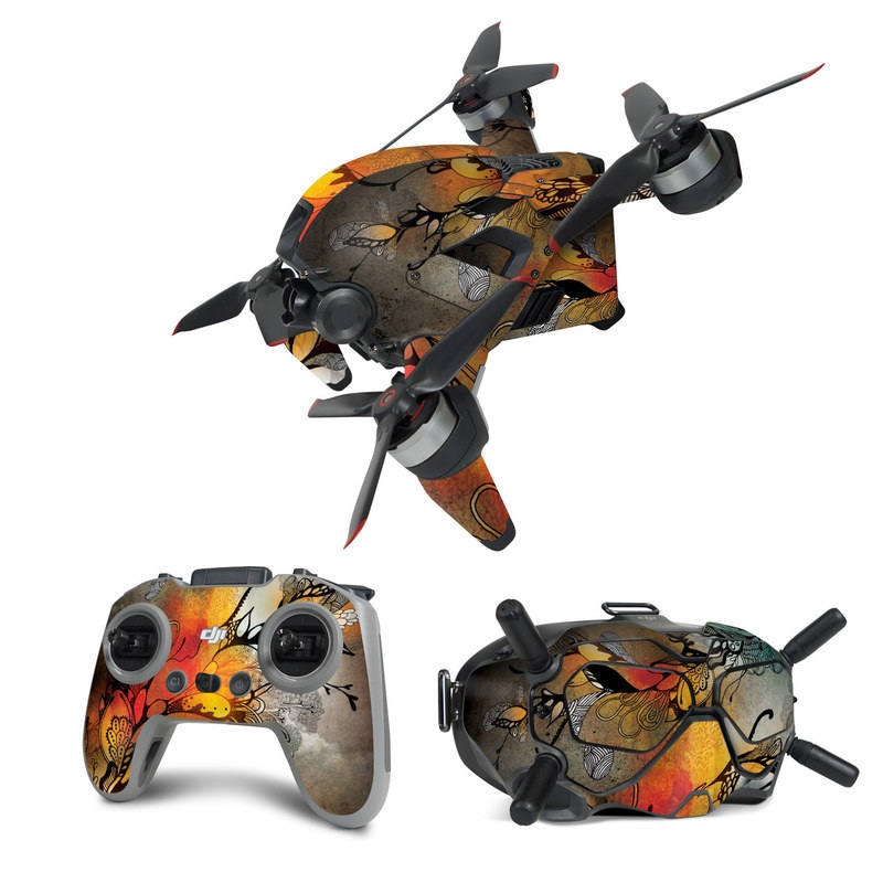 DJI FPV Combo Skin design of Yellow, Orange, Art, Branch, Leaf, Graphic design, Visual arts, Pattern, Design, Modern art, with black, red, orange, yellow colors