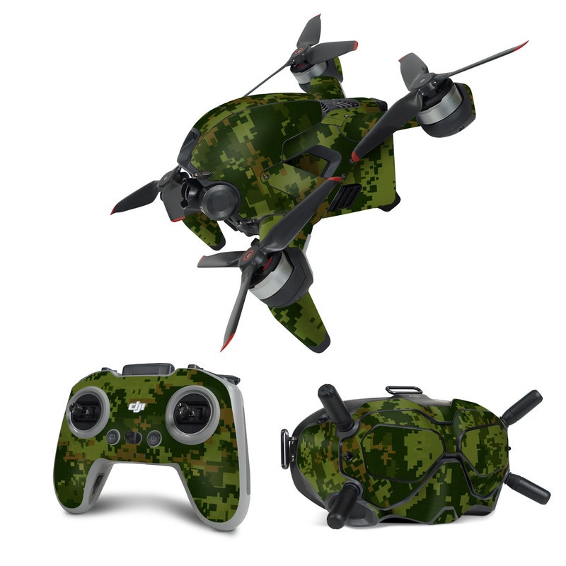 DJI FPV Combo Skin design of Military camouflage, Green, Pattern, Uniform, Camouflage, Clothing, Design, Leaf, Plant, with green, brown colors