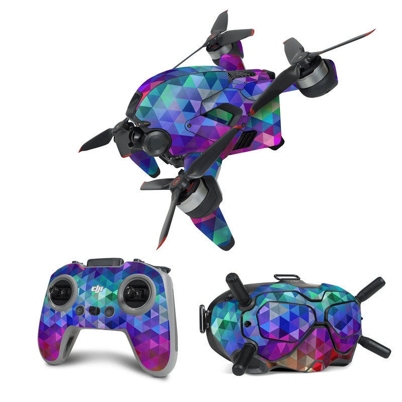 DJI FPV Combo Skin design of Purple, Violet, Pattern, Blue, Magenta, Triangle, Line, Design, Graphic design, Symmetry, with blue, purple, green, red, pink colors