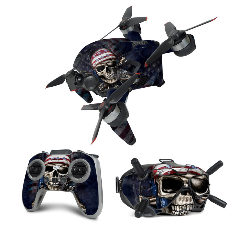 DJI FPV Combo Skin design of Skull, Bone, Skeleton, Illustration, Outerwear, T-shirt, Flag, Art, with black, gray, red colors