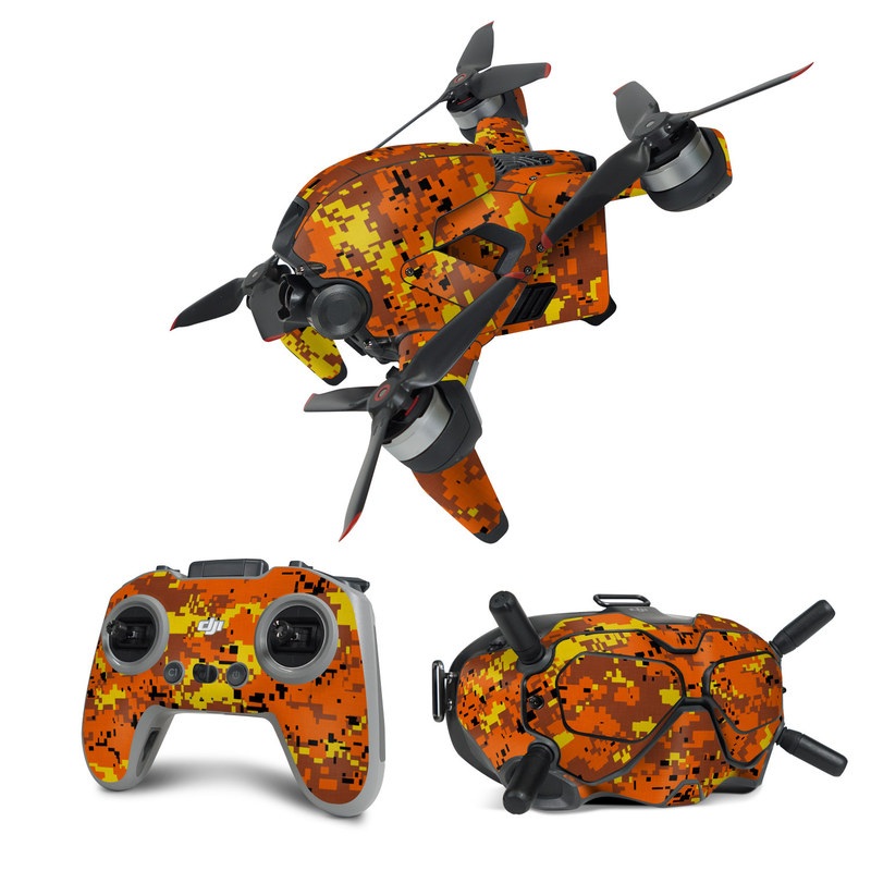DJI FPV Combo Skin design of Orange, Yellow, Leaf, Tree, Pattern, Autumn, Plant, Deciduous, with red, green, black colors