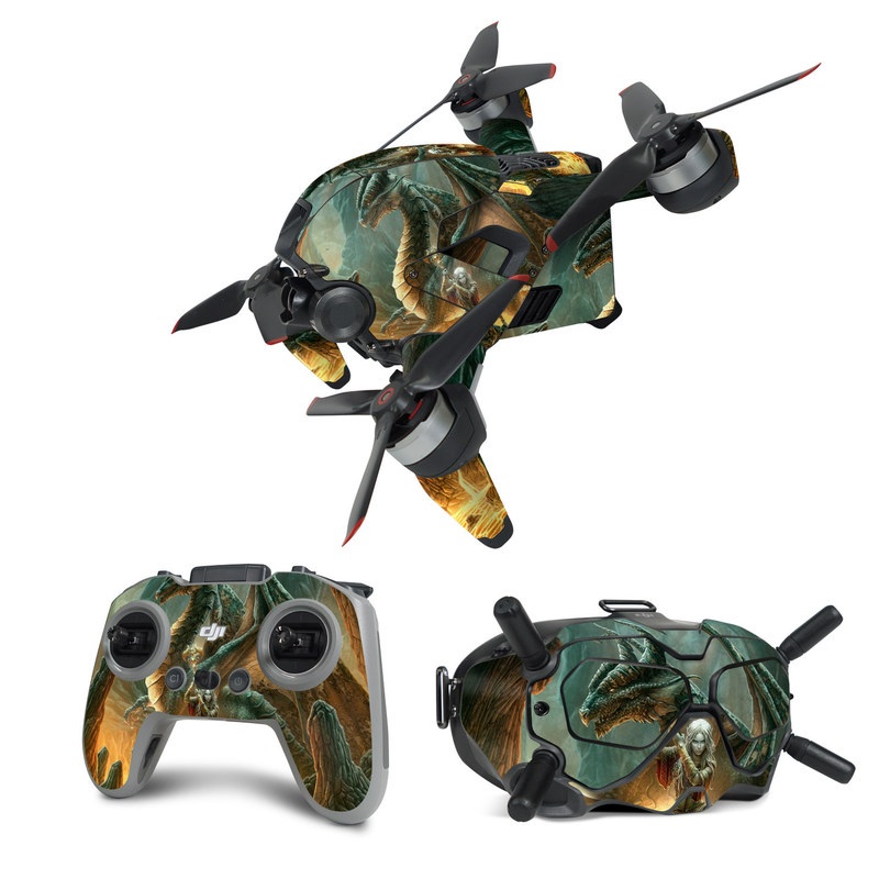 DJI FPV Combo Skin design of Dragon, Cg artwork, Mythology, Fictional character, Mythical creature, Art, Illustration, Cryptid, Sculpture, Demon, with black, green, red, gray, blue colors
