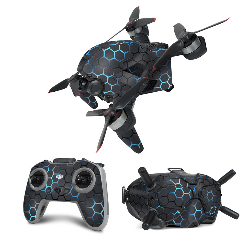 DJI FPV Combo Skin design of Pattern, Water, Design, Circle, Metal, Mesh, Sphere, Symmetry, with black, gray, blue colors