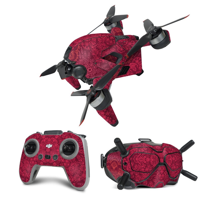 DJI FPV Combo Skin design of Red, Pattern, Pink, Magenta, Purple, Maroon, Violet, Textile, Design, Wallpaper with red, black colors