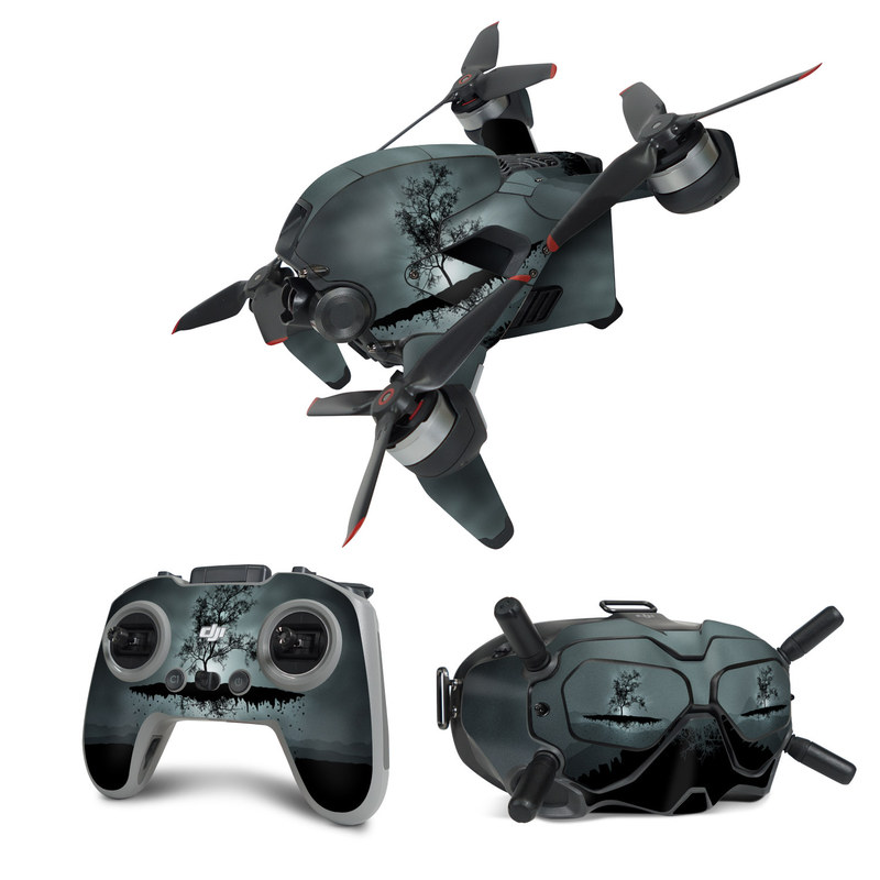 DJI FPV Combo Skin design of Reflection, Sky, Nature, Water, Black, Tree, Black-and-white, Monochrome photography, Natural landscape, Atmospheric phenomenon, with black, gray, blue colors