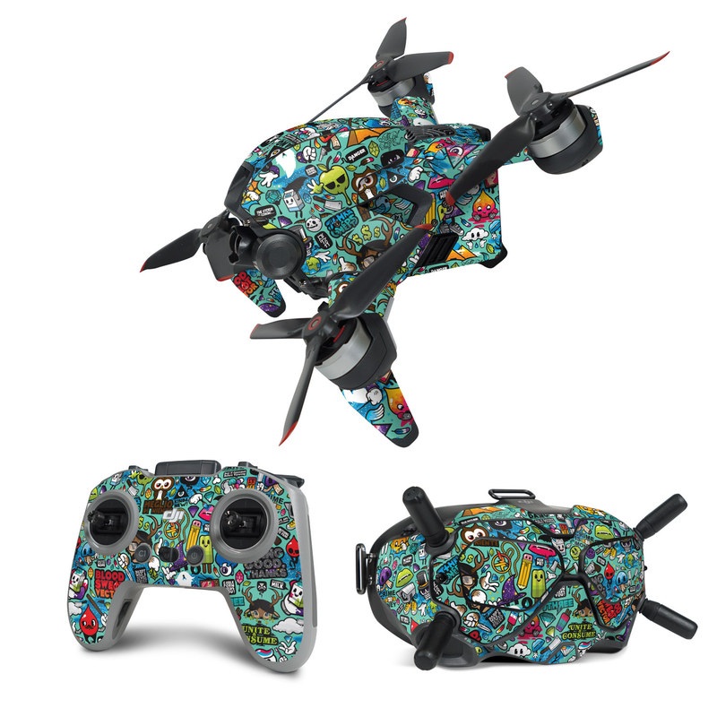 DJI FPV Combo Skin design of Cartoon, Art, Pattern, Design, Illustration, Visual arts, Doodle, Psychedelic art with black, blue, gray, red, green colors