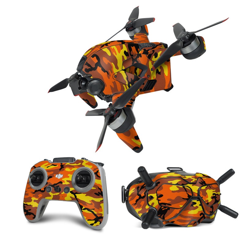 DJI FPV Combo Skin design of Military camouflage, Orange, Pattern, Camouflage, Yellow, Brown, Uniform, Design, Tree, Wildlife, with red, green, black colors